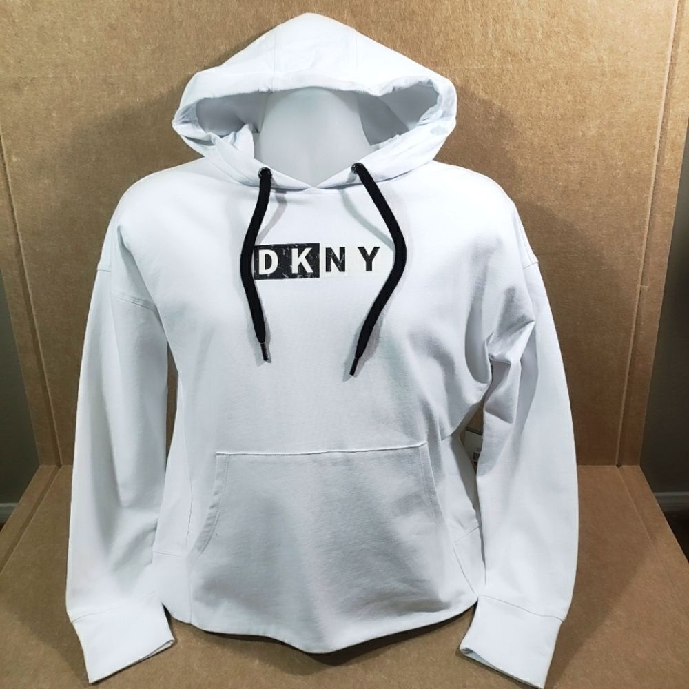 DKNY Womens Cotton Logo Graphic White Long Sleeve Hoodie -C